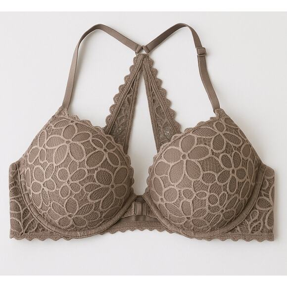 Victoria’s Secret PINK Lace Push Up Bra 36C Brown Floral Racerback Sexy Cute - Picture 2 of 7